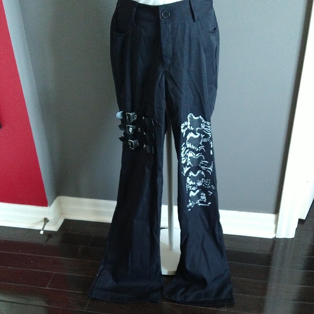 Black Pants with White Graphic and Buckle Detail